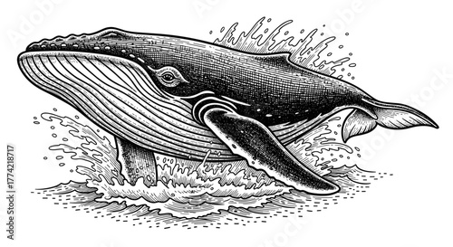 Detailed Engraving Style Humpback Whale Breaching with Water Splash Vector
