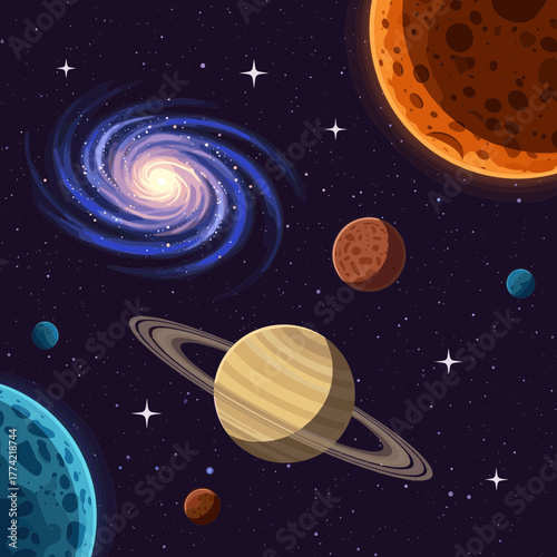 Galaxy and Planets in Outer Space Vector Illustration with Stars and Cosmic Elements