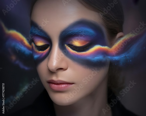 Woman with vibrant cosmicthemed makeup around her eyes