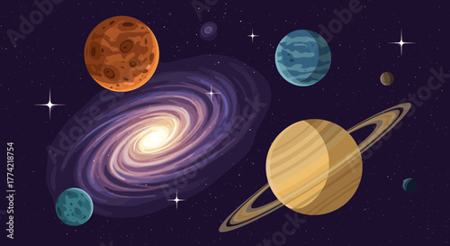 Cosmic Landscape Vector Illustration of Planets Galaxy and Stars in Deep Space
