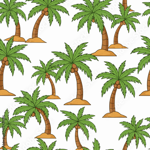 Seamless Pattern of Cartoon Palm Trees with Coconuts on Sandy Mounds Tropical Background