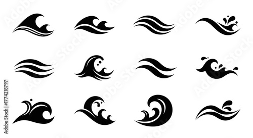 Collection of black vector silhouettes depicting diverse ocean waves and splashes, ideal for water-themed graphics, logos, and surfing concepts.
