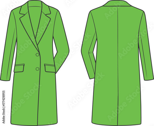 Long coat flat sketch, technical fashion drawing, apparel design template, front and back view, notched lapel, button closure, flap pockets illustration