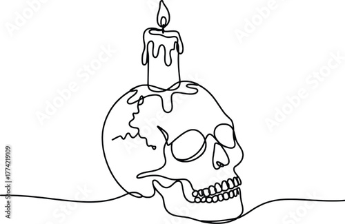 Minimalist single line art skull with burning candle symbolizing life death and time