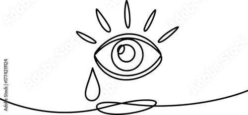 Single line drawing of an eye crying a tear with radiant rays above