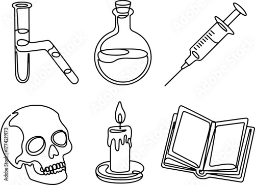 Creepy halloween symbols line art collection featuring skull potion candle syringe and book
