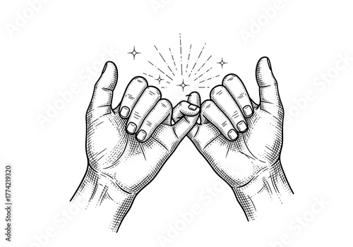 Detailed Engraved Pinky Promise Hands with Sparkles, Representing Firm Trust and Friendship