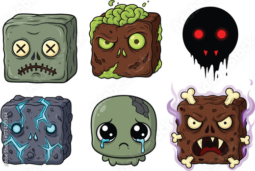 Creepy and cute zombie brownies with glowing eyes, bones, brains, and spooky faces, funny Halloween monster dessert cartoon vector illustration design