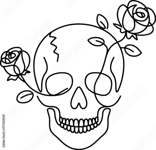 Artistic skull with roses single line drawing minimalist tattoo design symbolizing life and death