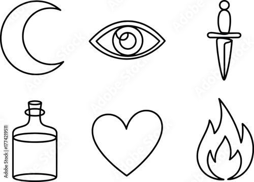 Mystic symbols set crescent moon eye dagger bottle heart flames outline icon
