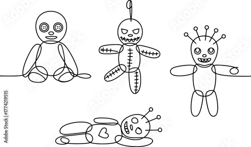 Whimsical hand-drawn figures four cute cartoon characters sitting standing lying down