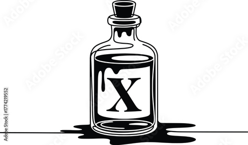 Mysterious dark liquid in a corked glass bottle with letter x label danger symbol