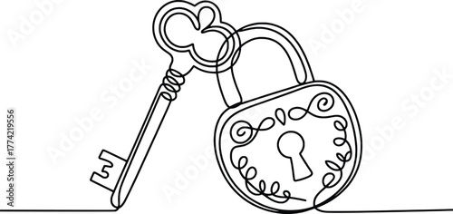 Antique lock and key elegant one line drawing romantic vintage symbol of security and trust