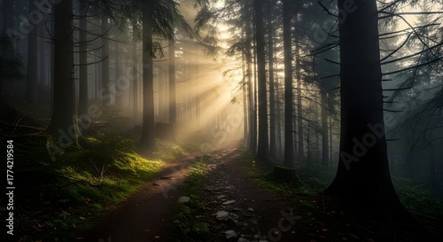 Life journey and road to success concept, a winding path leading through a mysterious fog towards a bright light