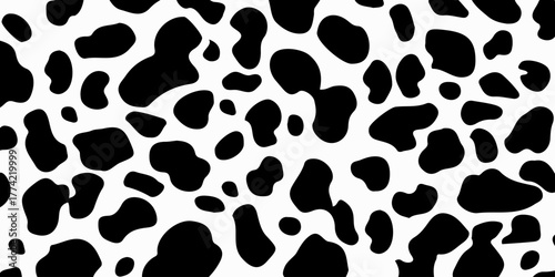 Seamless textured cow pattern. Vector long abstract background with repeating black hand-drawn spots on a white background. Vector monochrome texture.