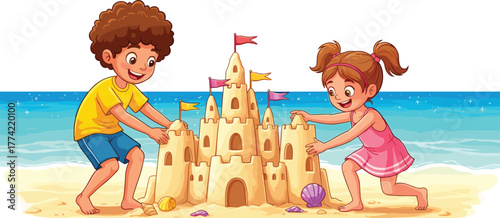 Beach, children, sandcastle, summer, ocean, fun, teamwork, play, cartoon, sunny, waves, shells, dress, shorts, flags, creativity, outdoor, bonding, seaside, smile