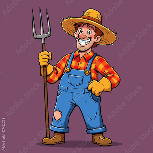 Happy cartoon farmer in overalls and straw hat holding a pitchfork, standing against a purple background.