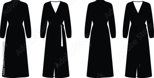 Long sleeve dress silhouettes, fashion flat sketch, apparel design template, front view comparison, high neckline, V-neck wrap, belted waist illustration
