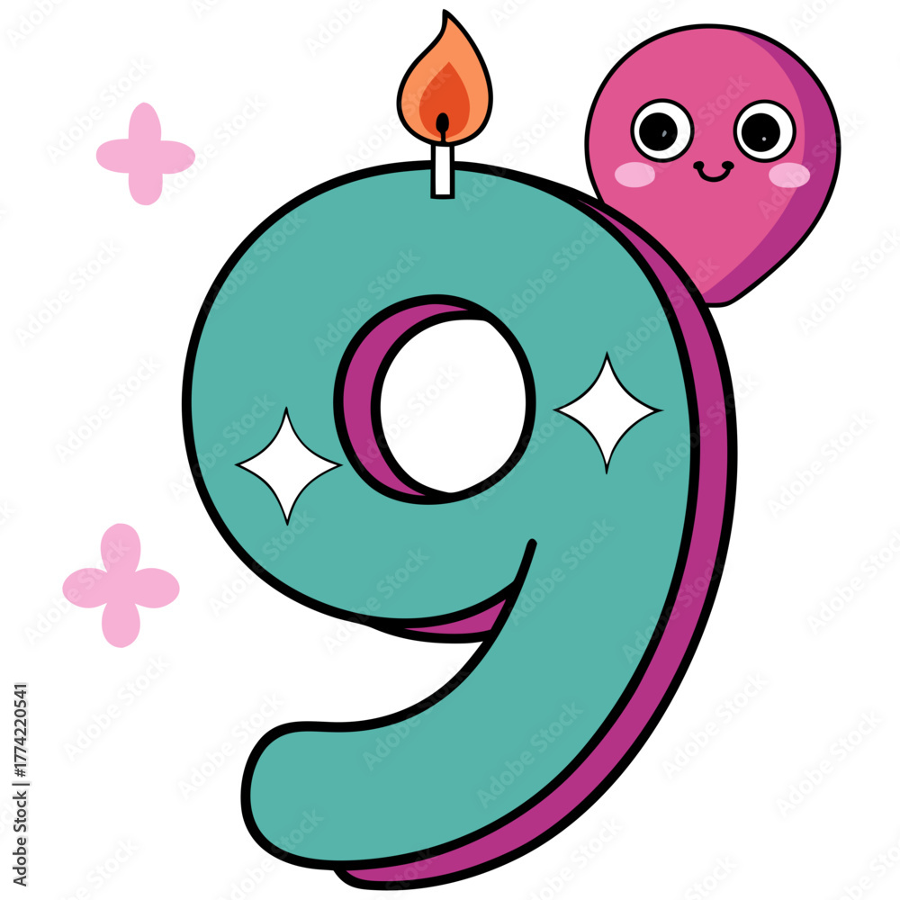 Obraz premium A happy number nine birthday candle with a cute balloon