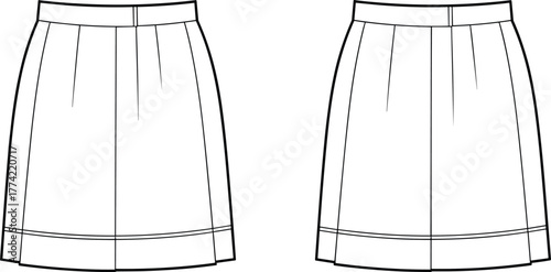 Pleated skirt flat sketch, technical fashion drawing, apparel design template, front view, waistband darts, hem band, structured silhouette illustration