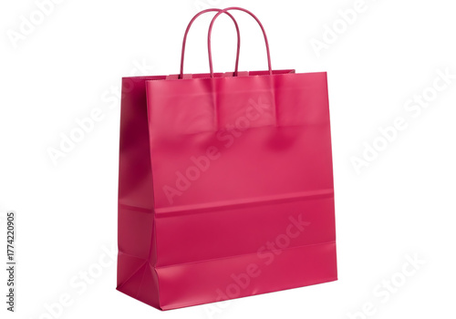 A vibrant pink paper shopping bag with twisted handles isolated on transparent background