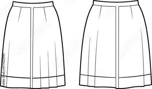 Pleated skirt flat sketch, technical fashion drawing, apparel design template, front view, waistband darts, hem band, A-line silhouette illustration