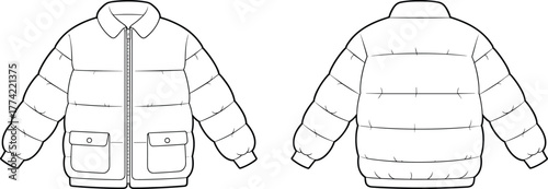 Puffer jacket flat sketch, quilted fashion illustration, apparel design template, garment construction drawing, clothing pattern outline, vector technical sketch