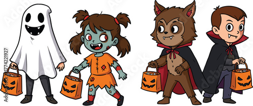 Halloween, children, costumes, ghost, zombie, werewolf, vampire, cartoon, spooky, festive, candy, bucket, trick, treat, celebration, fun, red, white, brown, black, orange