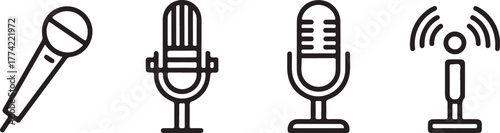 Microphone and Wireless Broadcast Outline Vector Icon Set