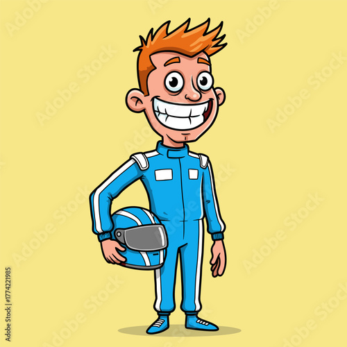 Cartoon race car driver in blue suit, smiling widely, holding a helmet against a yellow background.
