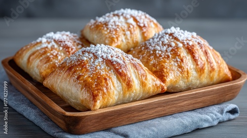 Close up of golden baked pastries dusted with powdered sugar arranged on a wooden tray with a textured blue cloth on a grey wooden table with soft natural lighting