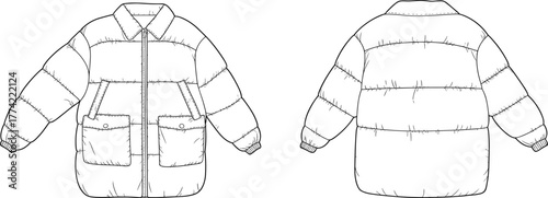 Puffer jacket flat sketch, quilted flap pocket winter coat illustration, apparel design template, garment construction drawing, clothing pattern outline, vector technical sketch