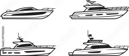 Modern Luxury Motor Yacht Outline Vector Icon Set