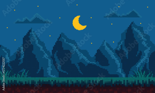 Flat cartoon of pixel art landscape art night illustration for Retro Game Design background