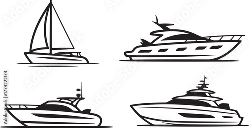 Modern Luxury Yacht and Sailboat Black Silhouette Vector Set