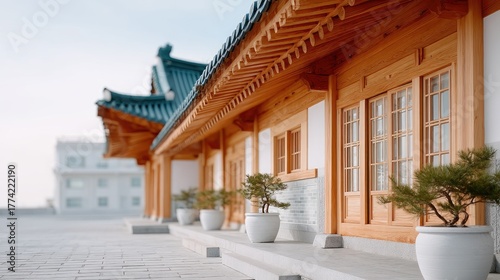 Close-up of Traditional East Asian Temple Eaves with Wooden Architecture and Green Potted Plants Under a Bright Sky