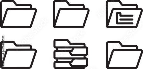 Open File Folder and Data Organization Outline Vector Icon Set