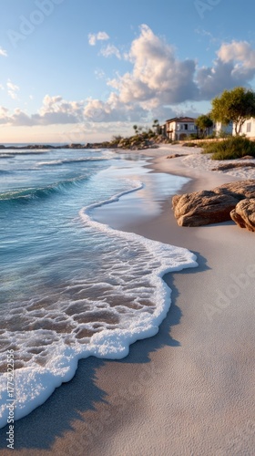 Close Up Photo Of Sea Foam Gently Washing Over The Sandy Beach With White Buildings In The Background Under A Clear Blue Sky With Fluffy Clouds During Daytime