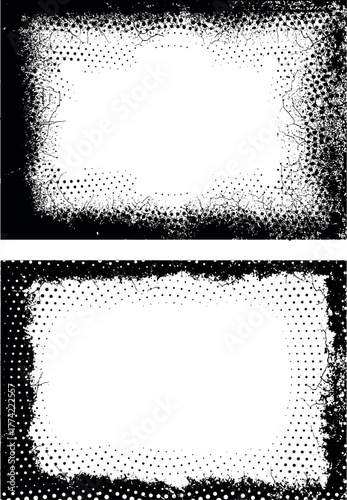 two black and white halftone frames with a dot pattern, Black and white frame and background with grunge border illustration vector design set, black and white frame