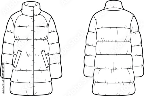 Puffer jacket flat sketch, quilted flap pocket winter coat illustration, apparel design template, garment construction drawing, clothing pattern outline, vector technical sketch
