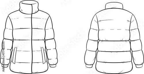 Puffer jacket flat sketch, quilted zipper pocket fashion illustration, apparel design template, garment construction drawing, clothing pattern outline, vector technical sketch