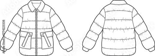 Puffer jacket flat sketch, quilted zipper pocket fashion illustration, apparel design template, garment construction drawing, clothing pattern outline, vector technical sketchPuffer jacket flat 