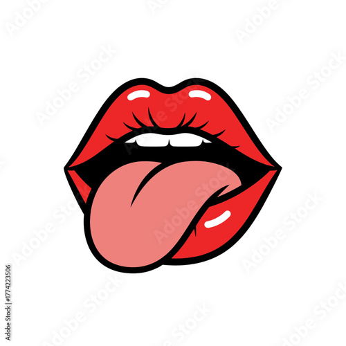 Cartoon Red Lips with Tongue Sticking Out Vector Illustration in Pop Art Style