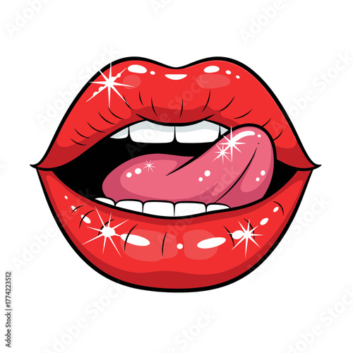 Glamorous Red Lips with Tongue Licking and Sparkles in Vibrant Pop Art Style