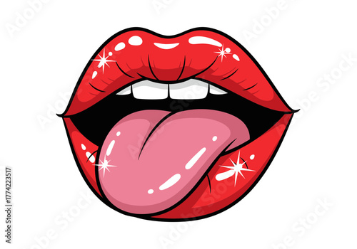 Shiny Red Lips with Tongue and Teeth, Featuring Sparkles in Pop Art Cartoon Style
