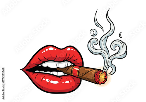 Cartoon Red Lips with Lit Cigar and Swirling Smoke Vector Illustration