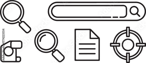 Search Magnifying Glass and Focus Outline Vector Icon Set