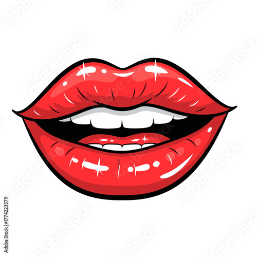 Glossy Red Lips with White Teeth and Open Mouth in Cartoon Style Vector