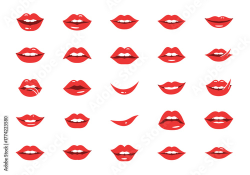 Varied Set of Red Lip Icons with Expressive Mouths and Stylized Shapes