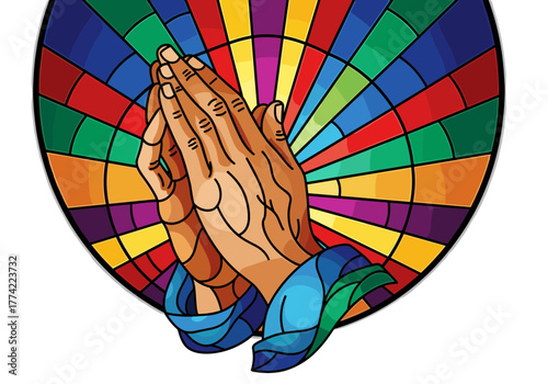 Stained Glass Praying Hands in Oval Shape with Radiant Colorful Geometric Background Vector